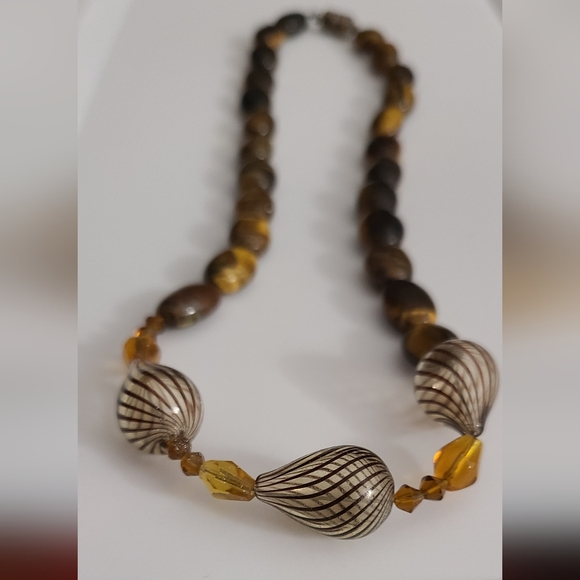 vintage murano Jewelry - Vintage 80's Murano Glass Stripe & Tigers Eye Gemstones Czech Amber Necklace Vtg